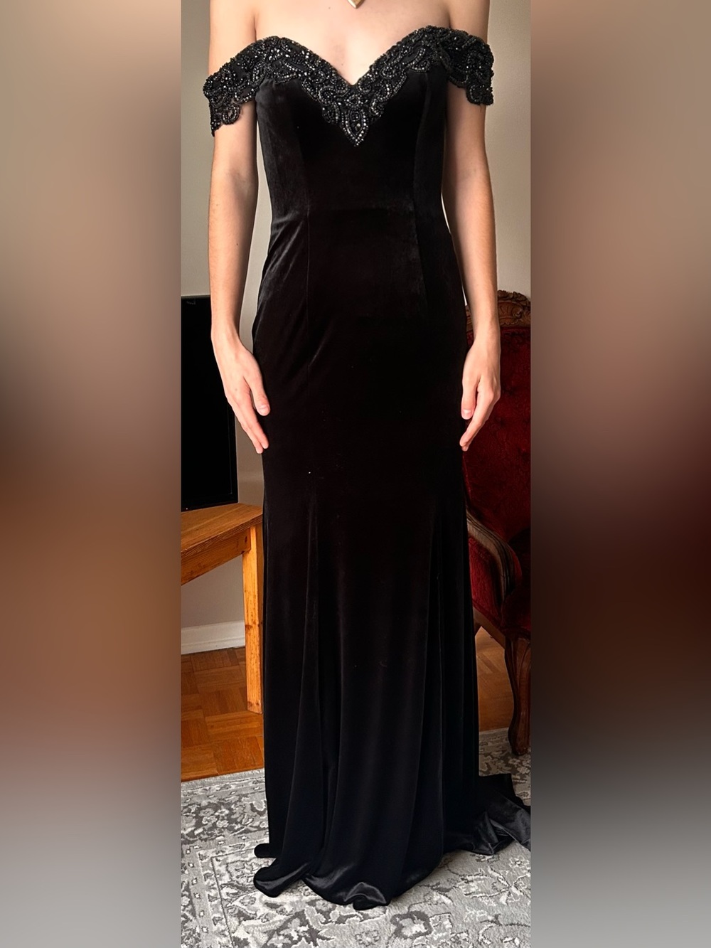 Black Beaded V-Neck Velvet Maxi Dress